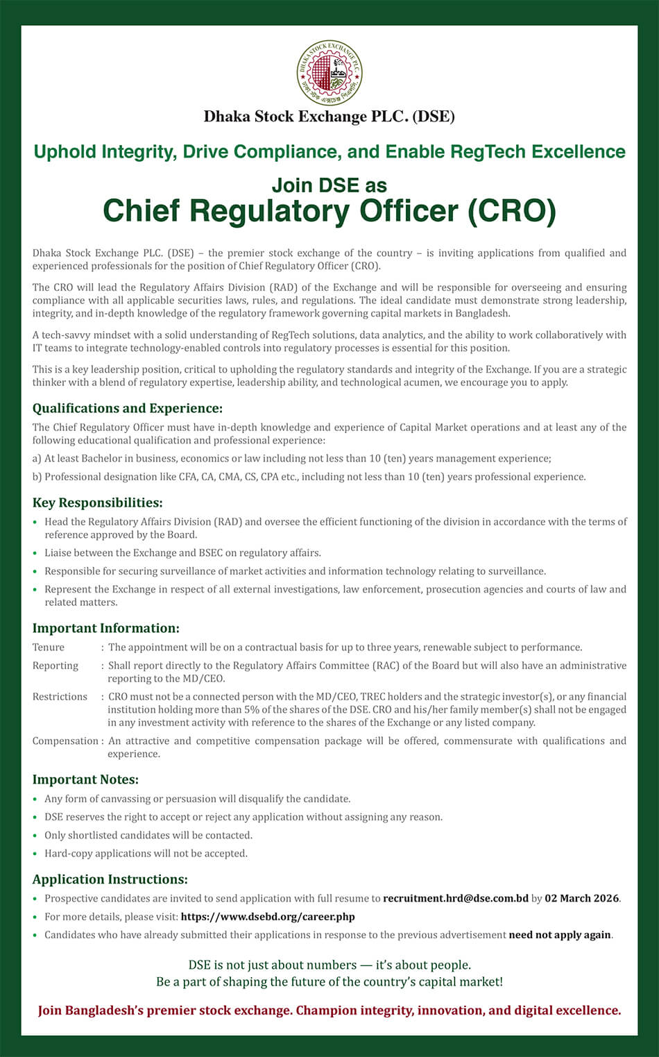DSE Chief Regulatory Officer (CRO) Job Circular 2026 post thumbnail image